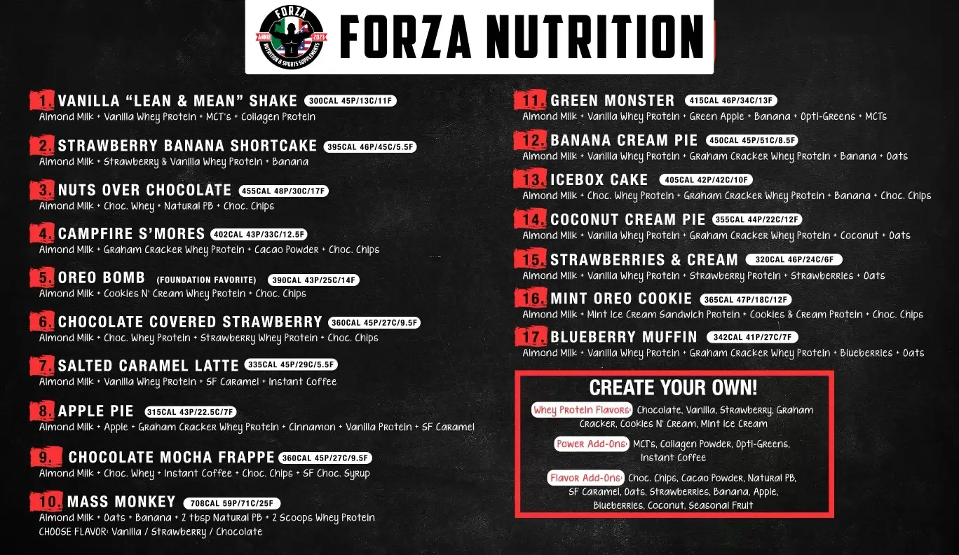 Forza Nutrition protein shake menu at Powerhouse Gym Brewster